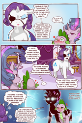 Size: 960x1440 | Tagged: safe, artist:cold-blooded-twilight, rarity, spike, twilight sparkle, dragon, pony, unicorn, cold blooded twilight, comic:cold storm, g4, alternate design, alternate hairstyle, angry, blushing, carousel boutique, comic, dialogue, eyepatch, eyes closed, eyeshadow, female, glowing eyes, heart, heart eyes, lore, magic, makeup, mare, open mouth, raised leg, sigh, speech bubble, talking, wide hips, wingding eyes