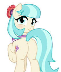 Size: 1263x1491 | Tagged: safe, artist:nika-rain, coco pommel, earth pony, pony, g4, butt, cute, eyelashes, female, hatbutt, looking back, mare, plot, raised hoof, rear view, show accurate, simple background, solo, transparent background, underhoof, wavy mouth