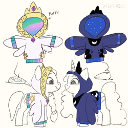 Size: 2048x2048 | Tagged: safe, artist:pfeffaroo, izzy moonbow, sunny starscout, earth pony, pony, unicorn, g5, clothes, duo, high res, hoodie, princess celestia's cutie mark, princess luna's cutie mark