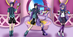 Size: 7696x3892 | Tagged: safe, artist:gaminglover, rarity, oc, goo, human, g4, bondage, clothes, confused, cutie mark, cutie mark on clothes, encasement, female, humanized, indoors, latex, living latex, male, mind control, skirt, smiling, transformation, transformation sequence