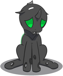 Size: 858x1025 | Tagged: safe, artist:rumstone, oc, oc:rumstone, changeling, aggie.io, changeling ears, cute, cuteling, eye, eyes, fangs, green changeling, green eyes, green wings, male, sad, sadorable, shadow, simple background, sitting, solo, transparent background, vent art, wings