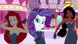 Size: 1600x911 | Tagged: safe, artist:brerdaniel, rarity, human, equestria girls, g4, my little pony equestria girls: better together, the other side, aladdin, ariel, bare shoulders, beautiful, bodysuit, carousel boutique, clash of hasbro's titans, clothes, crossover, cute, disney, disney princess, drawing, gloves, princess jasmine, sleeveless, sleeveless sweater, strapless, sweater, the little mermaid, unitard