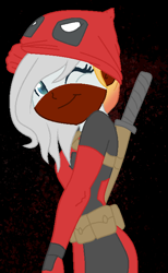 Size: 426x690 | Tagged: safe, artist:aonairfaol, oc, oc only, equestria girls, g4, base used, belt, black background, clothes, cosplay, costume, deadpool, eyelashes, female, marvel comics, one eye closed, simple background, smiling, solo, sword, weapon, wink