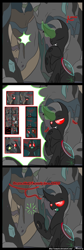 Size: 842x2492 | Tagged: safe, artist:srmario, oc, oc only, oc:reinflak, changeling, cave, changeling oc, comic, glowing horn, horn, magic, male, raised hoof, red changeling, red eyes, talking, telekinesis, thinking