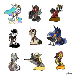 Size: 1627x1676 | Tagged: safe, artist:srmario, princess celestia, princess luna, spitfire, oc, oc:doctiry, oc:doom, oc:reinflak, alicorn, changeling, pegasus, pony, g4, alicorn oc, changeling oc, crossover, engineer, engineer (tf2), female, grin, gun, horn, male, mare, red changeling, rifle, scout (tf2), simple background, smiling, sniper, sniper (tf2), soldier, soldier (tf2), sunglasses, team fortress 2, weapon, white background, wings