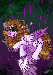 Size: 795x1127 | Tagged: safe, artist:milledpurple, oc, oc only, pegasus, pony, abstract background, bondage, female, mare, pegasus oc, signature, solo, suspended, two toned wings, unshorn fetlocks, wings