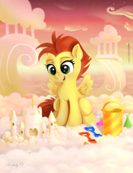Size: 1800x2346 | Tagged: safe, artist:darksly, hyper sonic, lemon crumble, pegasus, pony, g4, bucket, cloud, cute, female, filly, foal, friendship student, open mouth, sky, solo, spade