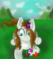 Size: 1834x2048 | Tagged: safe, artist:milledpurple, oc, oc only, earth pony, pony, earth pony oc, eyelashes, female, flower, flower in hair, frown, mare, outdoors, signature, solo