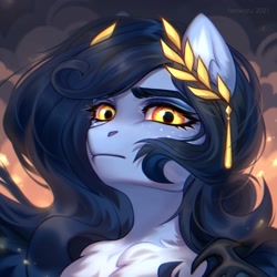 Size: 2000x2000 | Tagged: safe, artist:fenwaru, oc, oc only, oc:tundra, pegasus, pony, blue, brave, bust, chest fluff, cloud, concerned, embers, fluffy, glowing, glowing eyes, high res, laurel wreath, long mane, portrait, solo, stoic, windswept mane