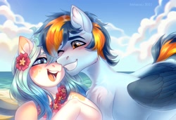 Size: 3100x2121 | Tagged: safe, artist:fenwaru, oc, oc only, oc:seascape, oc:skysail, earth pony, hippogriff, pony, beach, blushing, cute, female, flower, flower in hair, grin, high res, lei, male, mare, nuzzling, ocean, seasail, shipping, sky, smiling, stallion
