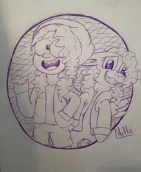 Size: 675x827 | Tagged: safe, artist:milledpurple, oc, oc only, earth pony, human, pony, bust, clothes, duo, eyelashes, female, grin, hair over one eye, humanized, lineart, shorts, signature, smiling, traditional art