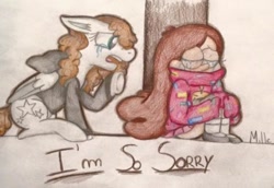 Size: 600x412 | Tagged: safe, artist:milledpurple, oc, human, pegasus, pony, clothes, crying, duo, gravity falls, mabel pines, male, pegasus oc, raised hoof, sad, signature, sitting, traditional art, two toned wings, underhoof, wings