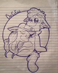 Size: 689x870 | Tagged: safe, artist:milledpurple, earth pony, pony, dipcifica, dipper pines, eyes closed, female, floppy ears, gravity falls, lineart, lined paper, male, mare, non-mlp shipping, pacifica northwest, ponified, shipping, smiling, snuggling, stallion, straight, traditional art
