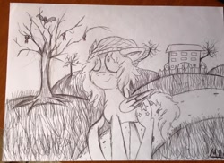 Size: 960x698 | Tagged: safe, artist:milledpurple, oc, oc only, pegasus, pony, beanie, dead tree, eyes closed, female, hat, mare, outdoors, pegasus oc, signature, smiling, solo, traditional art, tree, two toned wings, wings