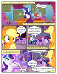Size: 612x792 | Tagged: safe, artist:newbiespud, edit, edited screencap, screencap, applejack, rarity, twilight sparkle, earth pony, pony, unicorn, comic:friendship is dragons, g4, magical mystery cure, a true true friend, applejack's hat, big crown thingy, bipedal, carousel boutique, comic, cowboy hat, dialogue, element of magic, eyelashes, female, freckles, glowing horn, hat, horn, indoors, jewelry, magic, mare, regalia, screencap comic, sewing machine, smiling, swapped cutie marks, telekinesis, unicorn twilight, wide eyes