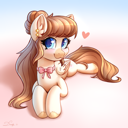Size: 2480x2480 | Tagged: safe, artist:dandy, oc, oc only, oc:strawberry milk, pegasus, pony, :3, art trade, blushing, ear piercing, female, gradient background, heart, high res, looking at you, lying down, mare, piercing, prone, ribbon, smiling, smiling at you, solo, unshorn fetlocks, wings