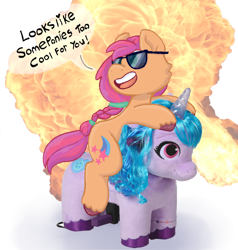 Size: 1112x1168 | Tagged: safe, artist:apatheticxaddict, izzy moonbow, sunny starscout, earth pony, pony, unicorn, g5, backwards cutie mark, braid, colored hooves, cool, dialogue, explosion, female, mare, meme, merchandise, misspelling, ponies riding ponies, ride-on toy, riding, riding a pony, sunglasses, sunny starscout riding izzy moonbow, text, toy, unshorn fetlocks