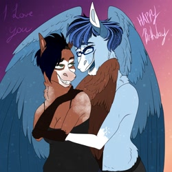 Size: 2000x2000 | Tagged: safe, artist:inisealga, oc, oc only, oc:mocha frost, oc:soaring spirit, pegasus, anthro, boxer briefs, clothes, duo, duo male and female, female, glasses, high res, hug, male, mare, markings, partial nudity, pegasus oc, simple background, stallion, tank top, text, three toned wings, topless