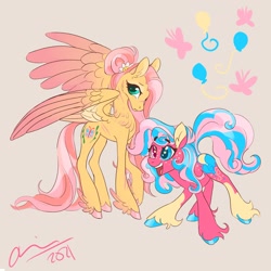 Size: 2100x2100 | Tagged: safe, artist:creeate97, fluttershy, pinkie pie, earth pony, pegasus, pony, g4, alternate cutie mark, alternate design, colored hooves, colored wings, duo, feathered fetlocks, gradient wings, heterochromia, high res, redesign, simple background, tan background, unshorn fetlocks, voice actor joke, wings
