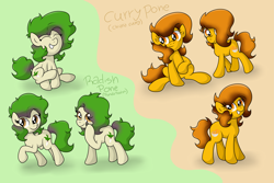 Size: 7381x4921 | Tagged: safe, artist:background basset, oc, oc only, oc:chiara curry, oc:ronda radish, earth pony, food pony, pony, curry, food, ponified, radish, simple background