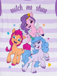 Size: 1500x2000 | Tagged: safe, izzy moonbow, pipp petals, sunny starscout, earth pony, pegasus, pony, unicorn, g5, official, 2d, backwards cutie mark, clothes, colored hooves, eyebrows, female, mare, merchandise, pajamas, purple, stripes, text, unshorn fetlocks