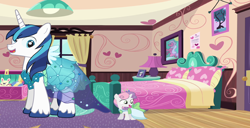 Size: 7312x3736 | Tagged: safe, artist:hubfanlover678, rarity, shining armor, sweetie belle, g4, bed, bedroom, clothes, crossdressing, dress, lamp, princess dress, toy chest