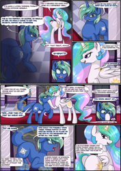 Size: 2894x4093 | Tagged: safe, artist:novaspark, princess celestia, princess luna, oc, oc:nova spark, alicorn, monster pony, original species, pony, tatzlpony, g4, boop, butt, comic, dialogue, female, glasses, horn, horn ring, imminent vore, looking back, magic, magic suppression, mare, plot, ring, sweat