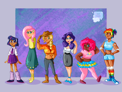 Size: 2048x1536 | Tagged: safe, artist:soaptears, applejack, fluttershy, pinkie pie, rainbow dash, rarity, twilight sparkle, human, g4, abstract background, clothes, converse, dark skin, dress, female, hat, humanized, mane six, shoes, shorts, smiling