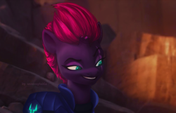 Size: 1000x642 | Tagged: safe, artist:annaxeptable, edit, edited screencap, screencap, tempest shadow, pony, unicorn, g4, g5, my little pony: a new generation, my little pony: the movie, 3d, broken horn, female, g4 to g5, g5 movie accurate, generation leap, horn, mare, movie, raised eyebrow, smiling, solo, storm army, style emulation
