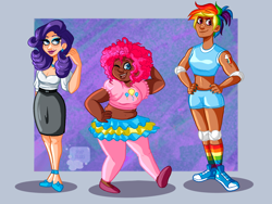 Size: 2048x1536 | Tagged: safe, artist:soaptears, pinkie pie, rainbow dash, rarity, human, g4, abstract background, clothes, converse, dark skin, female, hand on hip, humanized, makeup, one eye closed, rainbow socks, shoes, shorts, skirt, smiling, socks, striped socks, wink