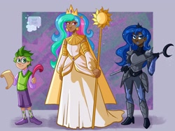 Size: 2048x1536 | Tagged: safe, artist:soaptears, princess celestia, princess luna, spike, human, g4, abstract background, armor, clothes, dark skin, dress, female, high heels, humanized, male, quill, scepter, scroll, shoes, smiling, staff