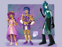 Size: 2048x1536 | Tagged: safe, artist:soaptears, princess cadance, queen chrysalis, shining armor, human, g4, abstract background, boots, clothes, dark skin, evening gloves, female, gloves, hand on hip, high heel boots, high heels, humanized, jewelry, long gloves, shoes, smiling, tiara