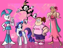 Size: 2048x1536 | Tagged: safe, artist:soaptears, rarity, human, pony, robot, unicorn, anthro, g4, animaniacs, anthro with ponies, clothes, crossover, dot warner, dress, eyelashes, female, gravity falls, grenda grendinator, grin, horn, jenny wakeman, male, mare, my life as a teenage robot, one eye closed, paws, peace sign, smiling, underpaw, wink