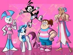 Size: 2048x1536 | Tagged: safe, alternate version, artist:soaptears, rarity, human, pony, robot, unicorn, anthro, g4, animaniacs, anthro with ponies, clothes, crossover, dot warner, dress, eyelashes, female, gravity falls, grenda grendinator, grin, horn, jenny wakeman, male, mare, my life as a teenage robot, one eye closed, paws, peace sign, pride, pride flag, smiling, trans female, transgender, transgender pride flag, underpaw, wink