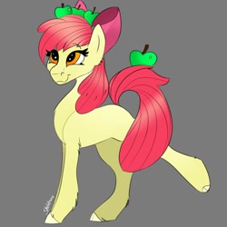 Size: 1000x1000 | Tagged: safe, artist:twilightpasha, apple bloom, earth pony, pony, g4, apple, balancing, cloven hooves, female, filly, food, gray background, simple background, smiling, solo