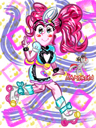 Size: 3000x3960 | Tagged: safe, artist:kamikiku, pinkie pie, equestria girls, g4, my little pony equestria girls: better together, blush sticker, blushing, high res, peace sign, roller skates, server pinkie pie, smiling, waitress