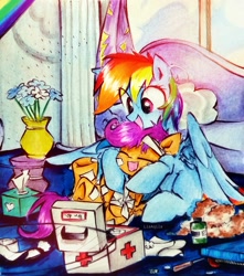 Size: 2373x2686 | Tagged: safe, artist:liaaqila, rainbow dash, scootaloo, pegasus, pony, g4, bandage, bandaid, commission, cute, cutealoo, dashabetes, first aid kit, happy, high res, injured, laughing, scootalove, scooter, traditional art