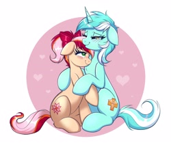 Size: 4096x3466 | Tagged: safe, artist:confetticakez, oc, oc only, earth pony, pony, unicorn, blushing, duo, female, hair bow, hug, lesbian, not lyra, ponytail, simple background, sitting