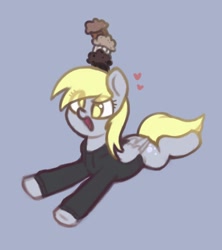 Size: 1146x1288 | Tagged: safe, artist:flixanoa, derpy hooves, pegasus, pony, g4, clothes, eye clipping through hair, food, hoodie, lying down, muffin, on head, open mouth, open smile, prone, simple background, smiling, solo