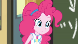 Size: 3410x1920 | Tagged: safe, screencap, pinkie pie, equestria girls, g4, my little pony equestria girls: better together, schedule swap, :o, chalkboard, clothes, cutie mark, cutie mark on clothes, female, geode of sugar bombs, jewelry, magical geodes, necklace, open mouth, solo, tank top