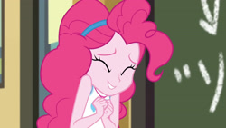 Size: 3410x1920 | Tagged: safe, screencap, pinkie pie, equestria girls, g4, my little pony equestria girls: better together, schedule swap, chalkboard, clothes, cute, cutie mark, cutie mark on clothes, diapinkes, eyes closed, female, geode of sugar bombs, jewelry, magical geodes, necklace, smiling, solo, tank top