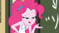 Size: 3410x1920 | Tagged: safe, screencap, pinkie pie, equestria girls, g4, my little pony equestria girls: better together, schedule swap, chalkboard, clothes, cutie mark, cutie mark on clothes, female, geode of sugar bombs, jewelry, magical geodes, necklace, open mouth, smiling, smirk, smug, smugpie, solo, tank top