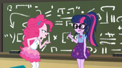 Size: 3410x1920 | Tagged: safe, screencap, pinkie pie, sci-twi, twilight sparkle, equestria girls, g4, my little pony equestria girls: better together, schedule swap, bowtie, chalkboard, clothes, cutie mark, cutie mark on clothes, female, geode of sugar bombs, geode of telekinesis, glasses, jewelry, magical geodes, necklace, open mouth, ponytail, sci-twi skirt, smiling, smirk, smug, smugpie, tank top