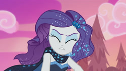 Size: 3410x1920 | Tagged: safe, screencap, rarity, equestria girls, g4, my little pony equestria girls: better together, the other side, eyes closed, female, hairpin, sleeveless, solo, strapless