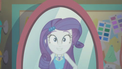 Size: 3410x1920 | Tagged: safe, screencap, rarity, equestria girls, g4, my little pony equestria girls: better together, the other side, clothes, cutie mark, cutie mark on clothes, female, geode of shielding, hairpin, magical geodes, mirror, rarity peplum dress, smiling, solo