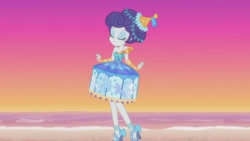Size: 3410x1920 | Tagged: safe, screencap, rarity, pony, equestria girls, g4, my little pony equestria girls: better together, the other side, beach, carousel dress, clothes, eyes closed, female, high heels, mirror, shoes, skirt, smiling, solo