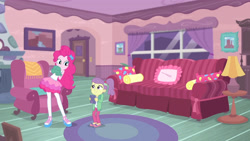 Size: 3410x1920 | Tagged: safe, screencap, lily pad (g4), pinkie pie, equestria girls, g4, my little pony equestria girls: better together, pinkie sitting, clothes, female, smiling, tablet, tank top