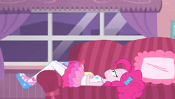 Size: 3410x1920 | Tagged: safe, screencap, pinkie pie, equestria girls, g4, my little pony equestria girls: better together, pinkie sitting, clothes, couch, cutie mark, cutie mark on clothes, female, geode of sugar bombs, jewelry, magical geodes, necklace, solo, tank top