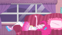Size: 3410x1920 | Tagged: safe, screencap, pinkie pie, equestria girls, g4, my little pony equestria girls: better together, pinkie sitting, clothes, couch, cutie mark, cutie mark on clothes, female, geode of sugar bombs, jewelry, magical geodes, necklace, open mouth, solo, tank top