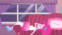 Size: 3410x1920 | Tagged: safe, screencap, pinkie pie, equestria girls, g4, my little pony equestria girls: better together, pinkie sitting, clothes, couch, cutie mark, cutie mark on clothes, eyes closed, facepalm, female, frown, geode of sugar bombs, high res, jewelry, lying down, magical geodes, necklace, on back, solo, tank top